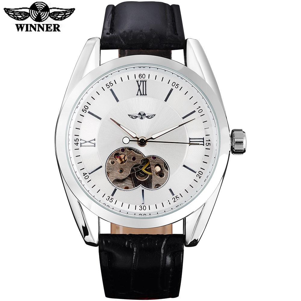 Automatic Skeleton Mechanical Watch White Dial Silver Case Black Leather Ban by WINNER