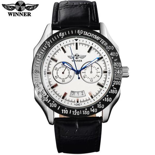 Automatic Mechanical Sports Watch White Dial Black Leather Strap by WINNER