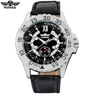 Mechanical Automatic Sports Watch Black Dial Silver Case Black Leather Band by WINNER