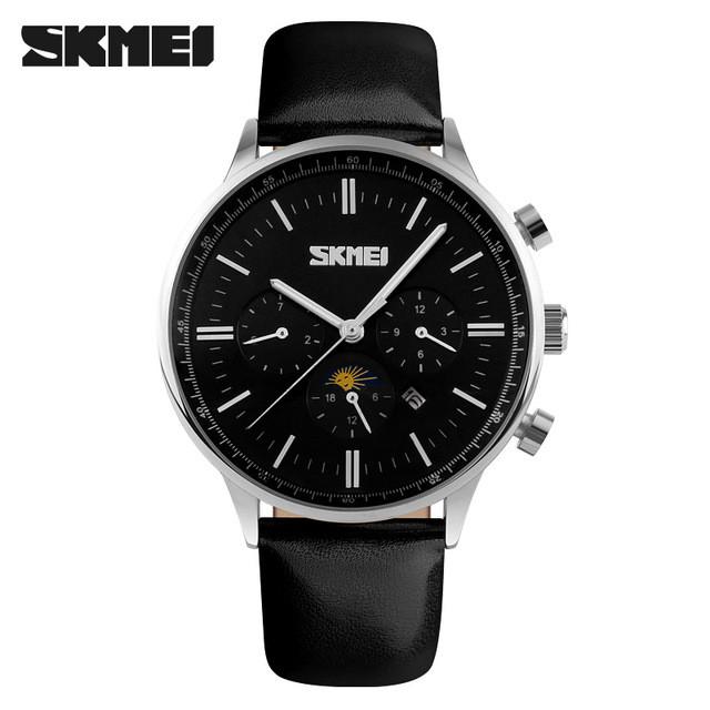 Quartz Moon Phase Watch Black Dial Silver Case Black Leather Band by SKMEI