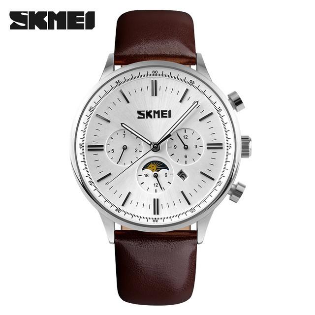 Quartz Moon Phase Watch White Dial Silver Case Brown Leather Band by SKMEI