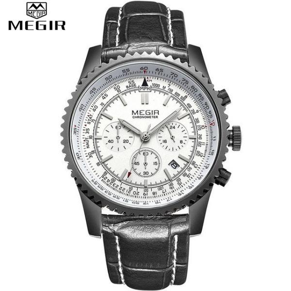 Quartz Watch Analog Luminous Stop Watch Calendar White Dial Silver Case Black Leather Band by MEGIR