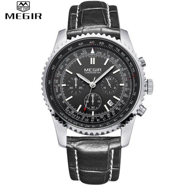 Quartz Watch Analog Luminous Stop Watch Calendar Black Dial Silver Case Black Leather Band by MEGIR