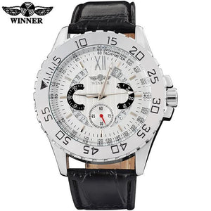 Mechanical Automatic Sports Watch White Dial Silver Case Black Leather Band by WINNE