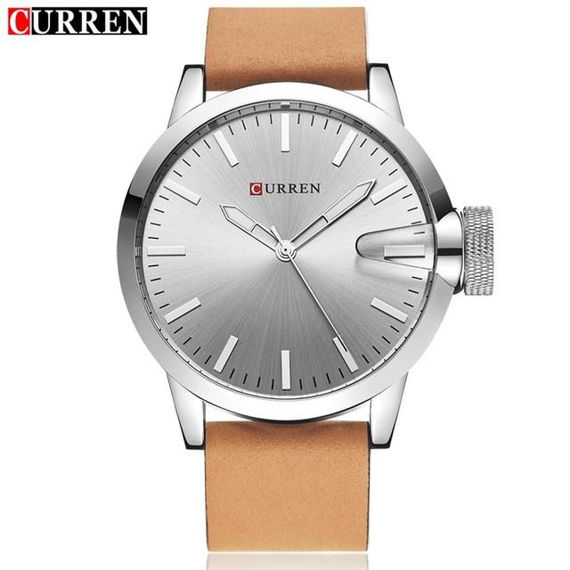 Auto Date Quartz Watch Silver Dial Silver Case Tan Leather Band by CURREN