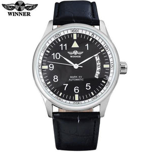 Automatic Self Winding Auto Date Watch Black Dial White Ring Black leather band by WINNER