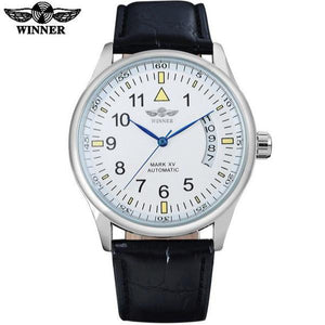Automatic Self Winding Auto Date Watch White Dial White Ring Black leather band by WINNER