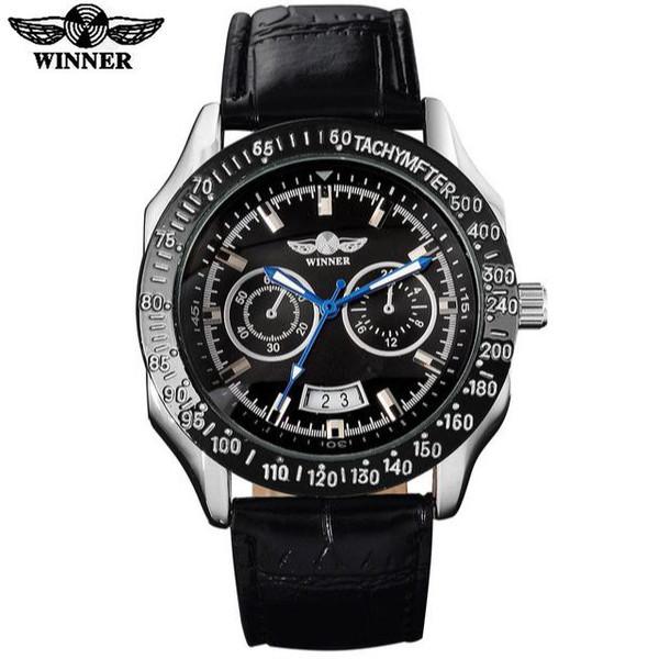 Automatic Mechanical Sports Watch Black Dial Black Leather Strap by WINNER