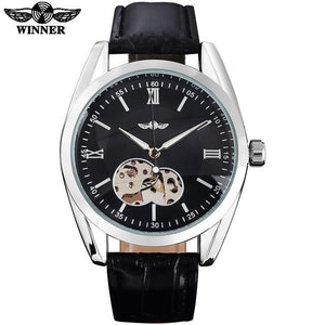 Automatic Skeleton Mechanical Watch Black Dial Silver Case Black Leather Ban by WINNER