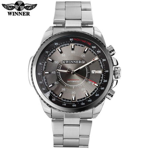 Automatic Mechanical Auto Date Watch Black Dial Stainless Steel Band by WINNER