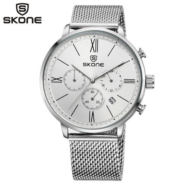 Quartz Chronograph Watch Silver Dial Stainless Steel Band by SKONE