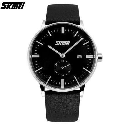 Quartz Watch Black Dial Black Leather Strap by SKMEI