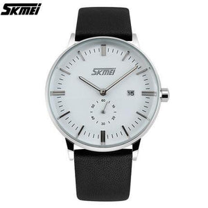Quartz Watch White Dial Black Leather Strap by SKMEI