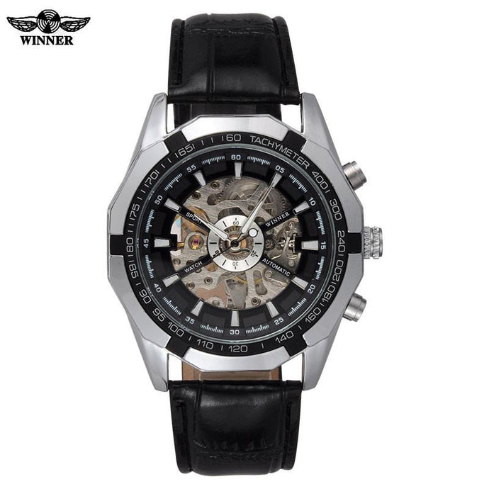 Skeleton Automatic Watch Black Dial Silver Case Black Leather Band by WINNER