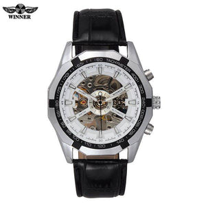 Skeleton Automatic Watch White Dial Silver Case Black Leather Band by WINNER