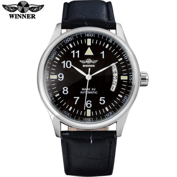 Automatic Self Winding Auto Date Watch Black Dial Black Ring Black leather band by WINNER